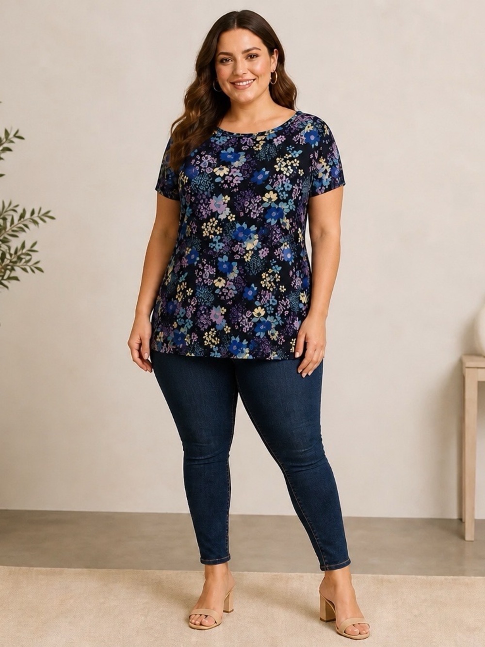 LuLaRoe Navy Floral Short Sleeve Top with Blue & Purple Accents